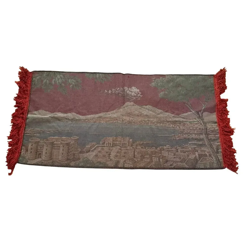 Vintage Gulf of Naples Italy Velvet Tapestry Fringed Wall Hanging Mt Vesuvius